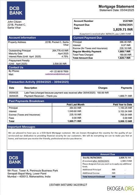 Modèle Word et PDF de relevé hypothécaire de la DCB Bank en Inde